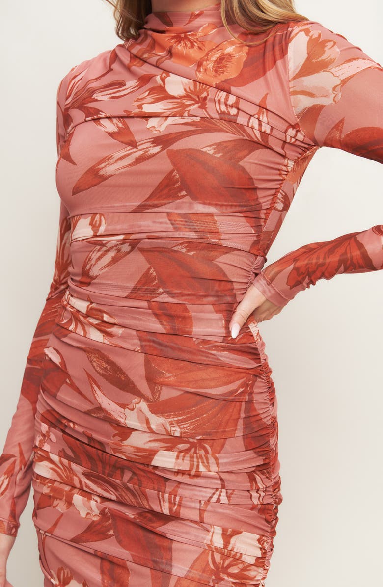 FLYING TOMATO Floral Long Sleeve Ruched Mesh Body-Con Dress, Alternate, color, Sienna