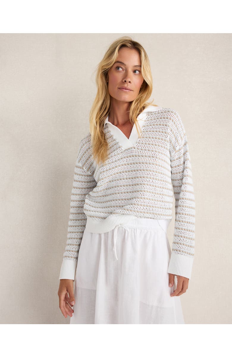 Haven Well Within Organic Cotton Stripe Mixed Stitch Johnny Collar Sweater, Main, color, White/Ice Blue/Willow Brk