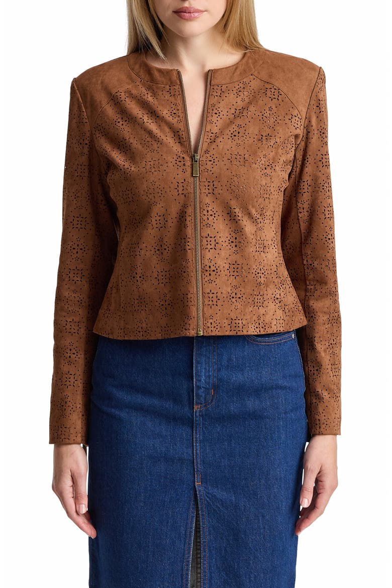 Eyelet Faux Suede Jacket, Main, color, SADDLE