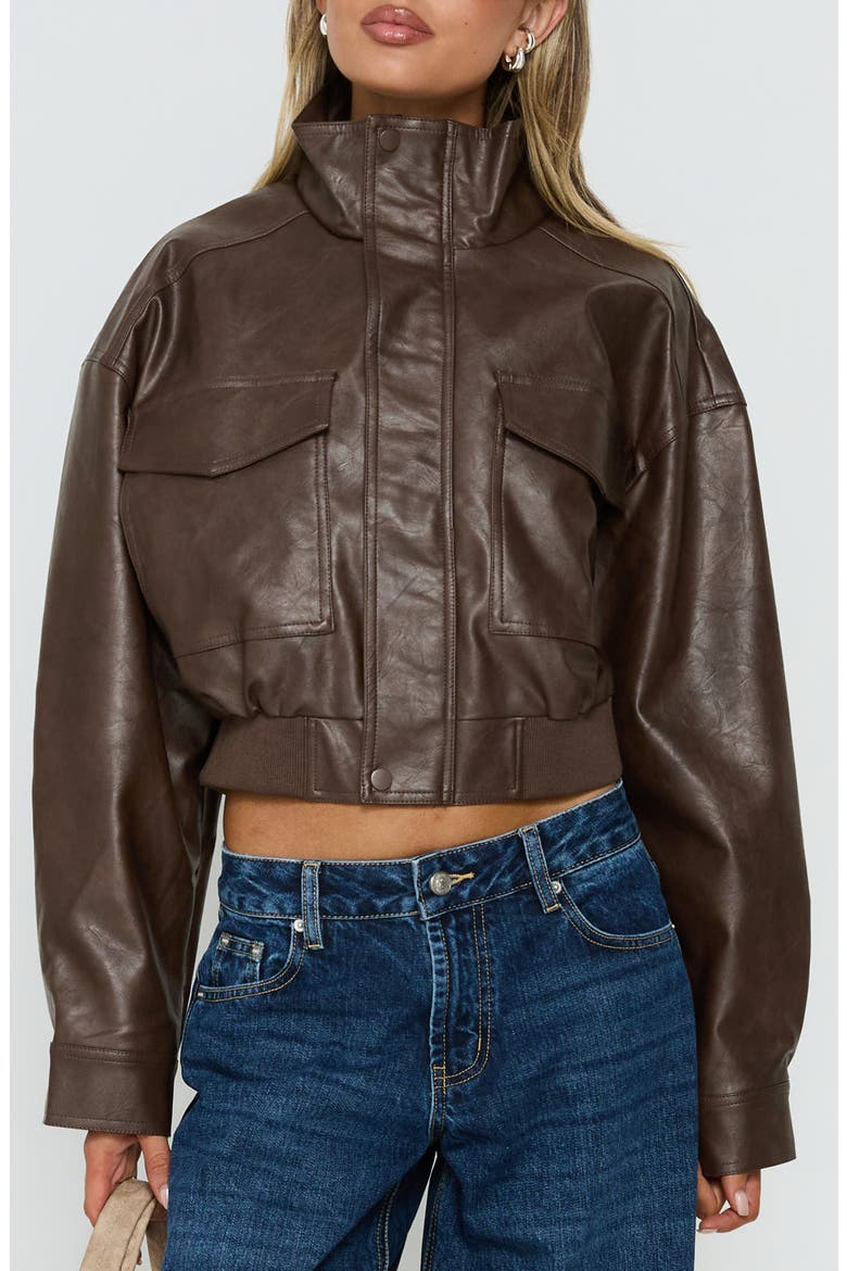 Ace Player Funnel Neck Crop Faux Leather Jacket, Main, color, BROWN