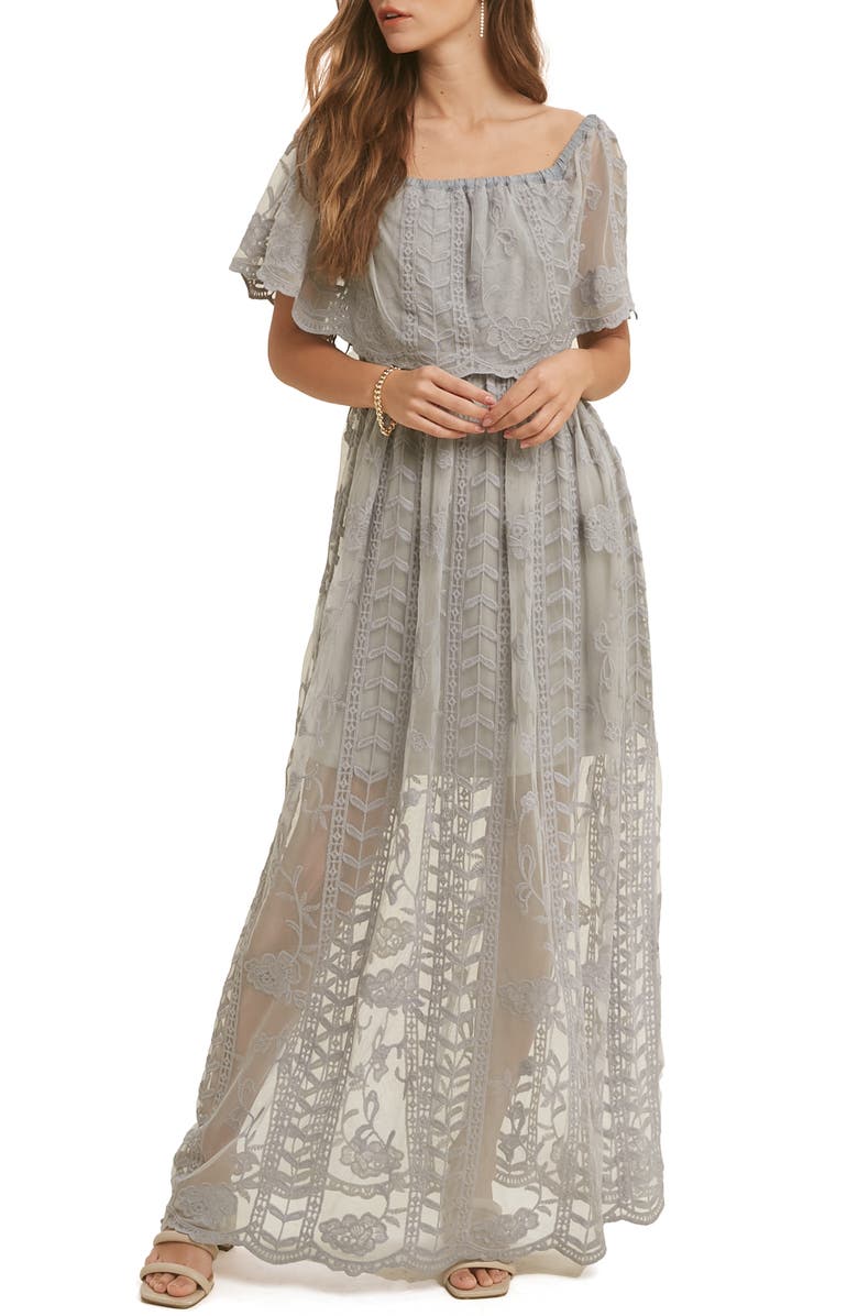 WISHLIST Lace Overlay Off the Shoulder Maxi Dress, Main, color, Cloud