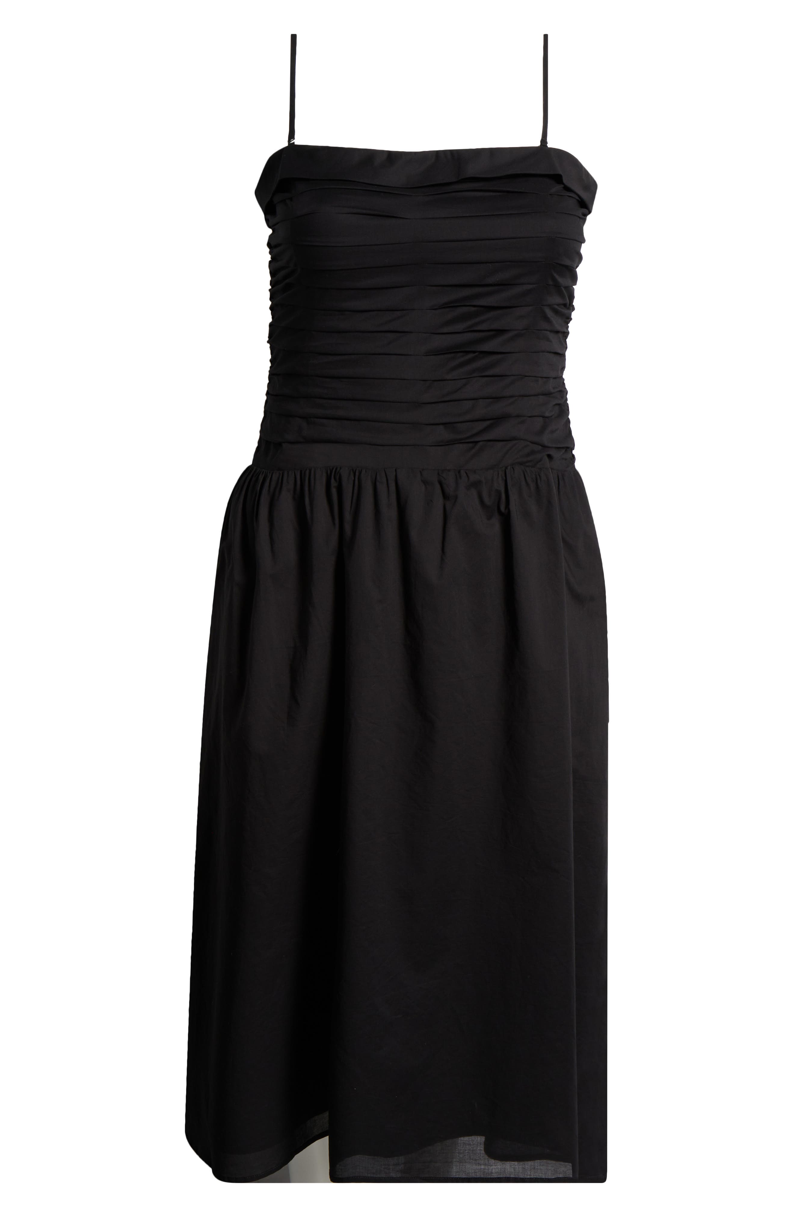 wayf cotton strapless pleated midi dress Wayf Olivia Pleated Bodice Convertible Strapless Cotton Midi Dress In Black