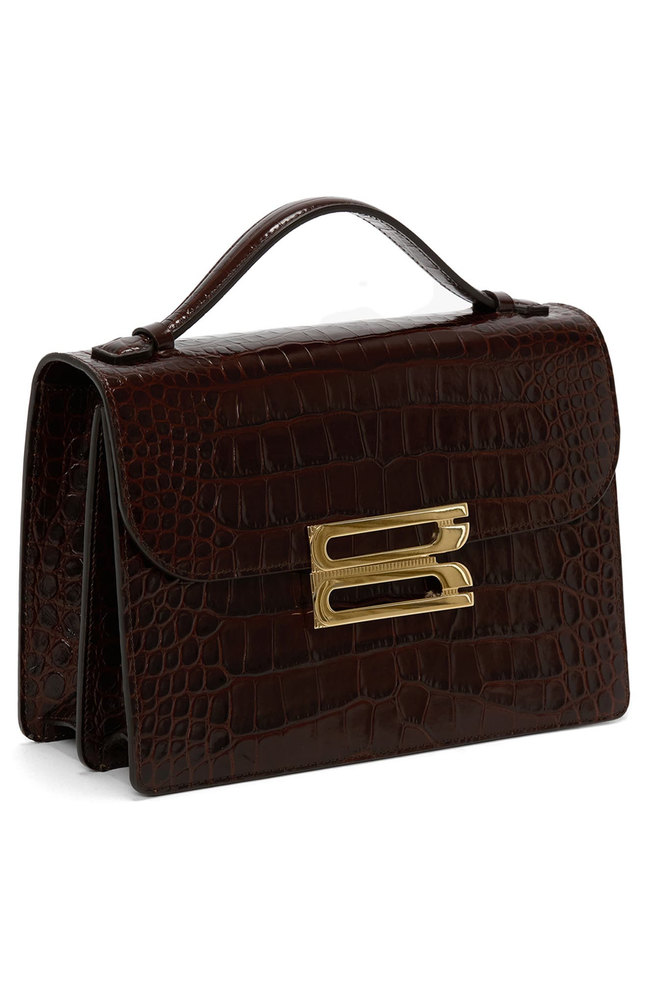 Victoria Beckham Dorian Croc Embossed Leather Shoulder Bag, Alternate, color, Espresso 8946