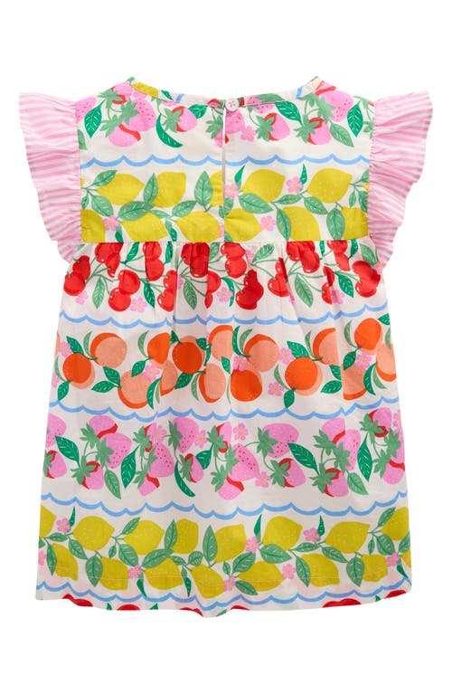 Mini Boden Kids' Fruit Print Flutter Sleeve Cotton Top In Rainbow Fruit Stripe