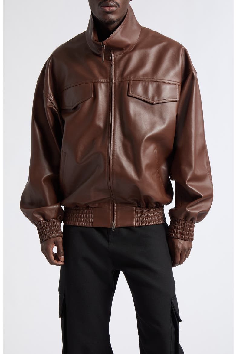 High Collar Leather Bomber Jacket, Main, color, 2135 CASTOR
