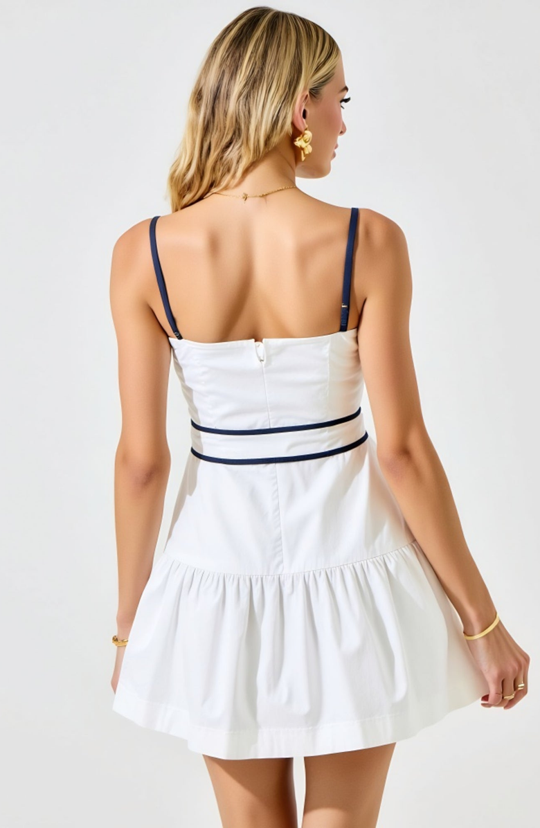 Modenaire Contrast-Trim Spaghetti Strap Waist-Tie Bow Mini Dress, Alternate, color, White / Navy Blue