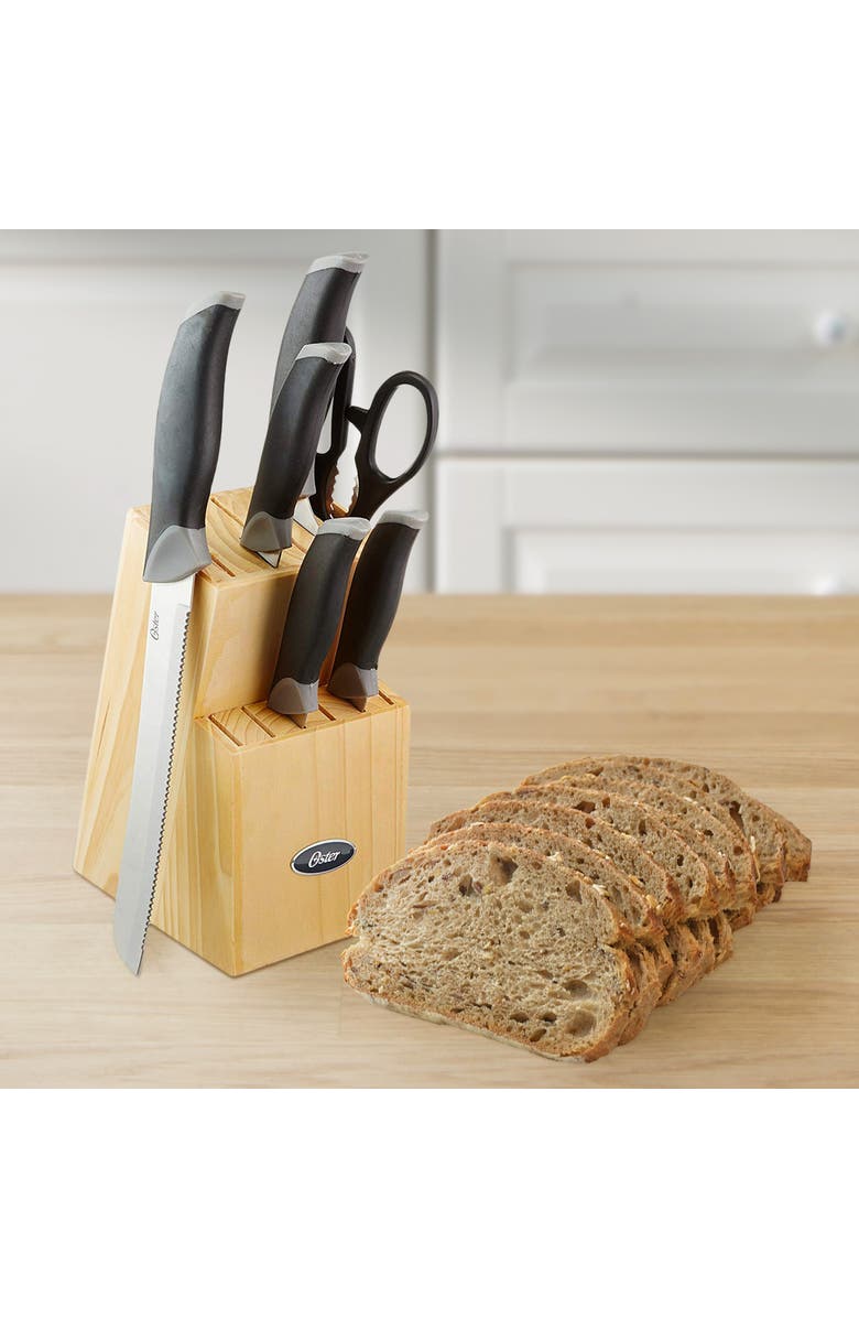 OSTER Lingbergh 14 Piece Stainless Steel Cutlery Knife Set with Pine Wood Block, Alternate, color, Black