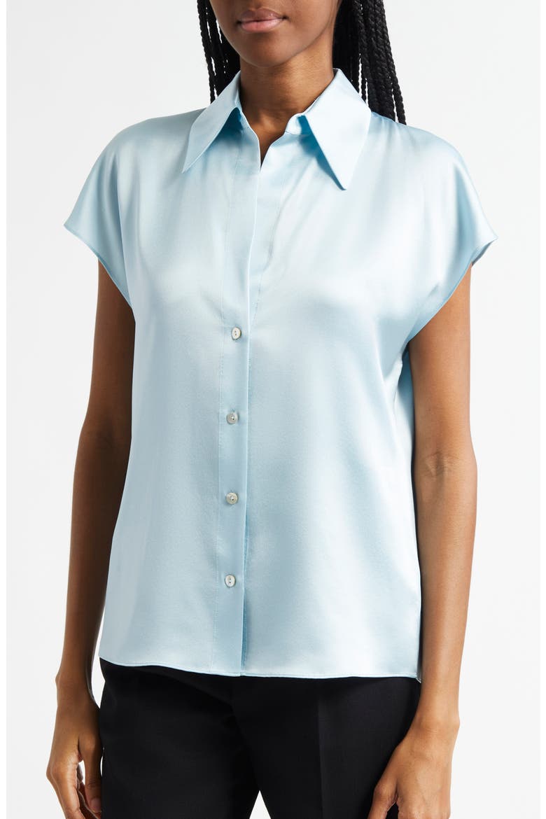 Cap Sleeve Gathered Back Short Sleeve Silk Button-Up Shirt, Alternate, color, CELESTE