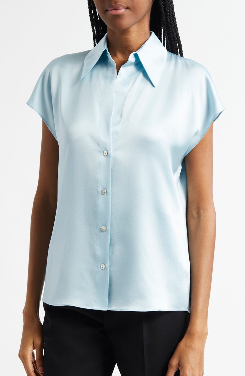 Vince Cap Sleeve Gathered Back Short Sleeve Silk Button-Up Shirt, Alternate, color, Celeste