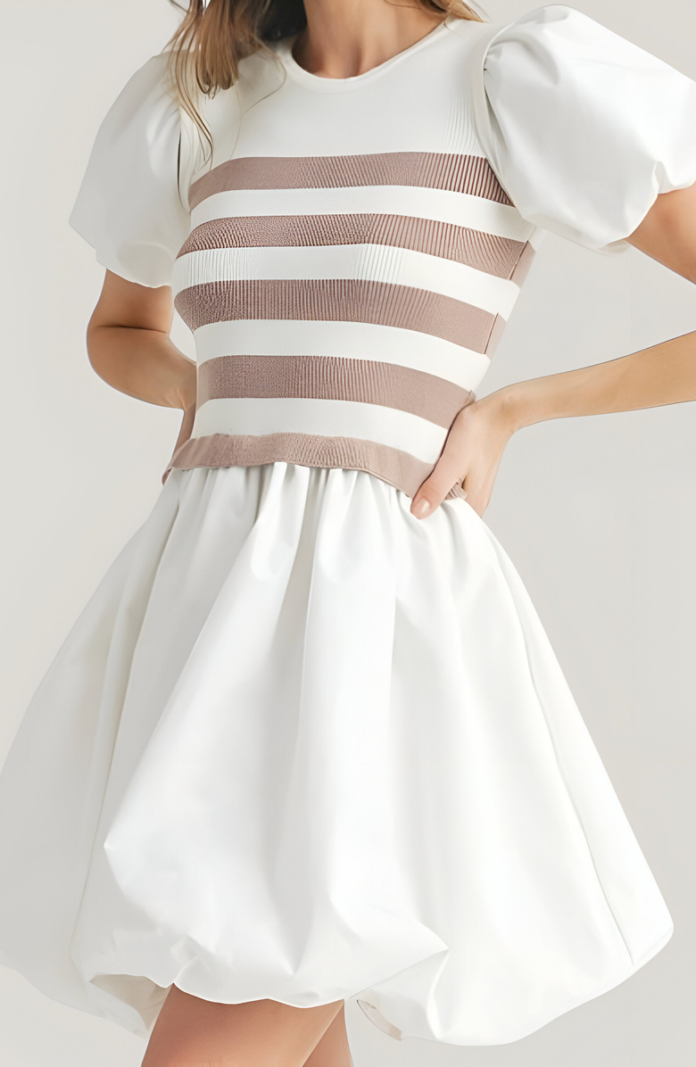 Modenaire Striped Knit Bodice Puff Sleeve Mini Dress with Bubble Hem, Alternate, color, 