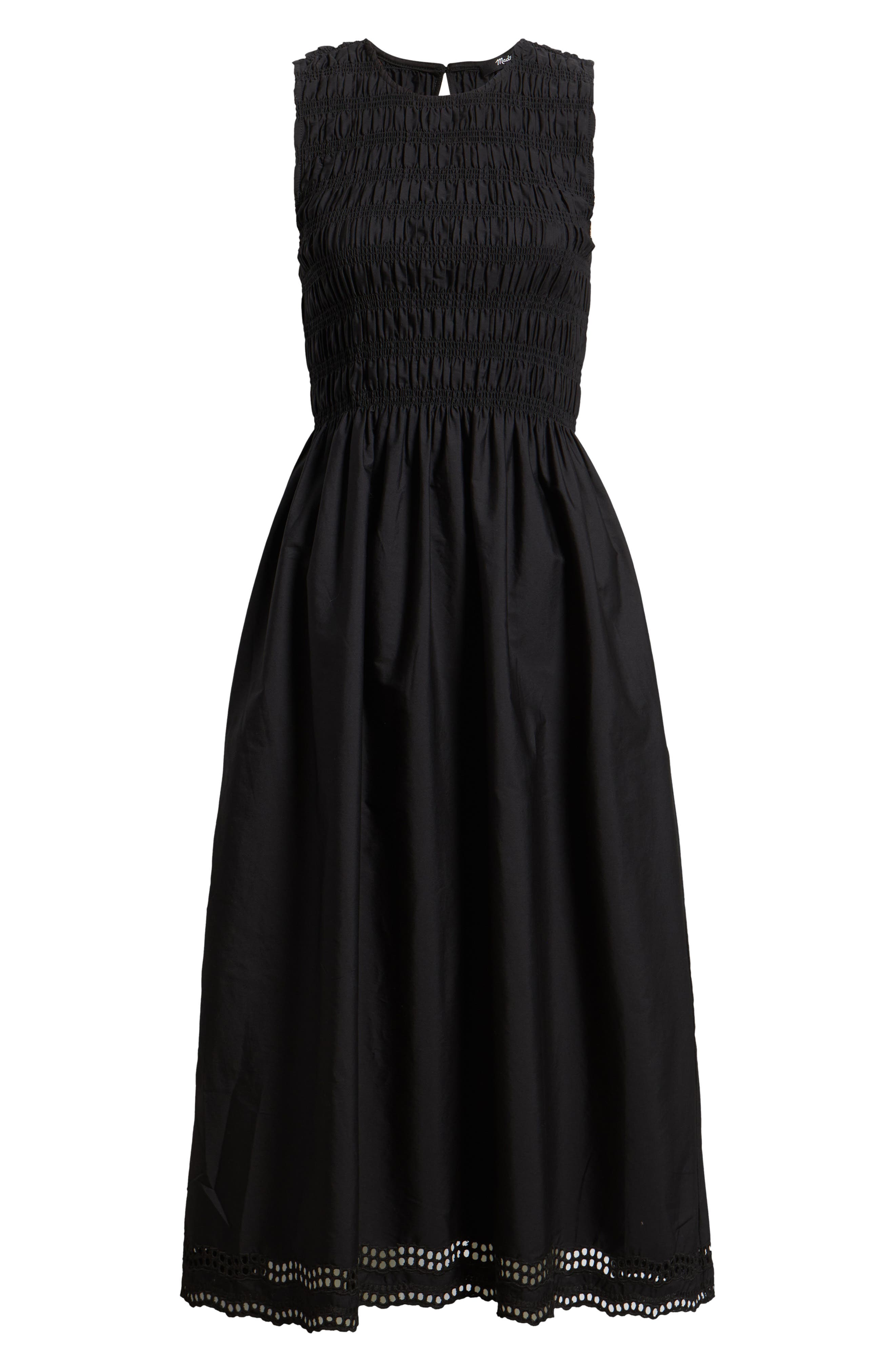 madewell embroidered smocked midi dress Madewell The Embroidered Melody Smocked Midi Dress | Black | Size XXS