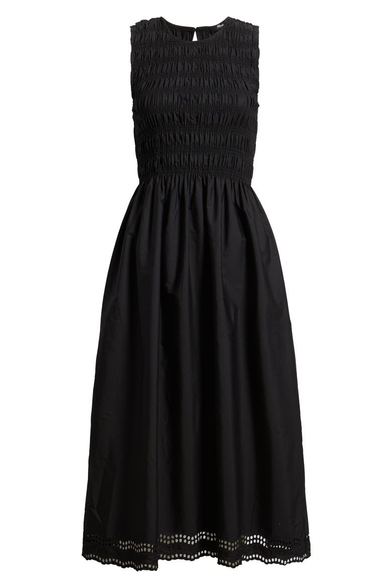 The Embroidered Melody Smocked Midi Dress, Alternate, color, JET BLACK
