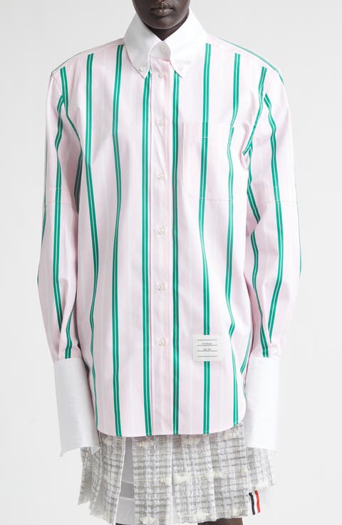 Repp Stripe Oversize Button Armband Cotton Poplin Button-Down Shirt