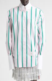 Thom Browne Repp Stripe Oversize Button Armband Cotton Poplin Button-Down Shirt