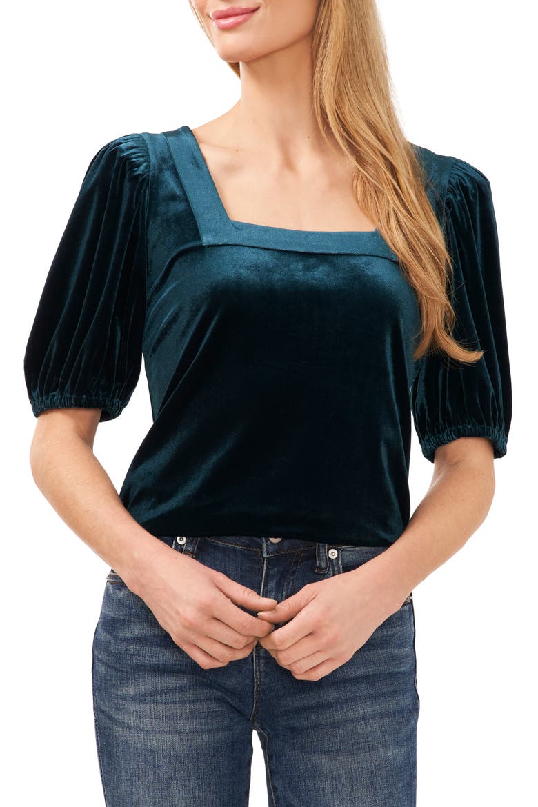 Square Neck Stretch Velvet Top, Main, color, HUNTER GREEN