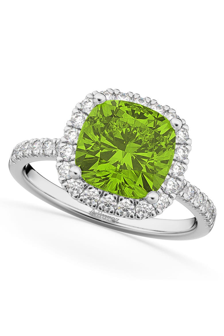 Cushion Cut Halo Peridot & Diamond Engagement Ring 14k, Main, color, 3.11ct/White Gold