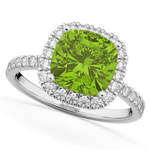Cushion Cut Halo Peridot & Diamond Engagement Ring 14k