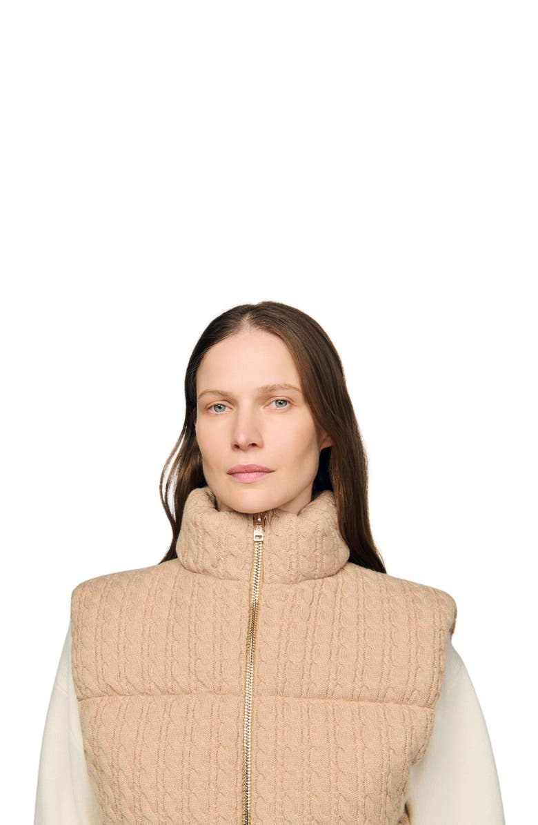 SANDRO Cropped sleeveless puffer vest, Alternate, color, Beige