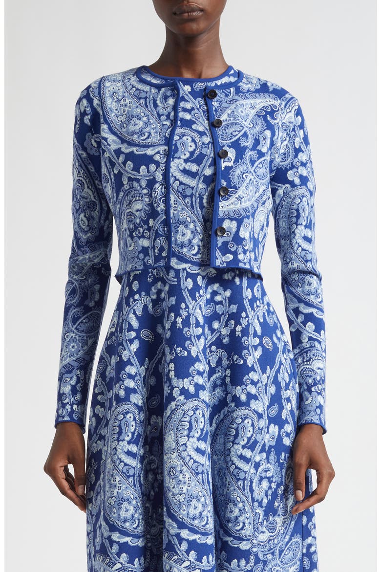 Paisley Jacquard Crop Cardigan, Main, color, MULTICOLOR ON BLUE BASE