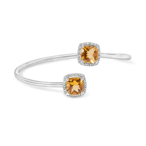 Silver 8mm Yellow Citrine and Diamond Accent Split Bypass Bangle Bracelet