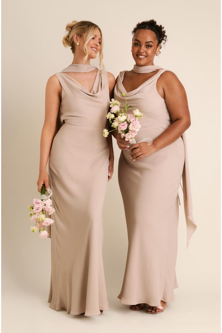 Plunge Cowl Chiffon Bridesmaid Dress, Alternate, color, Truffle