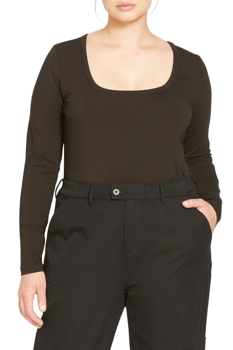 Long Sleeve Square Neck Tee, Main, color, BLACK