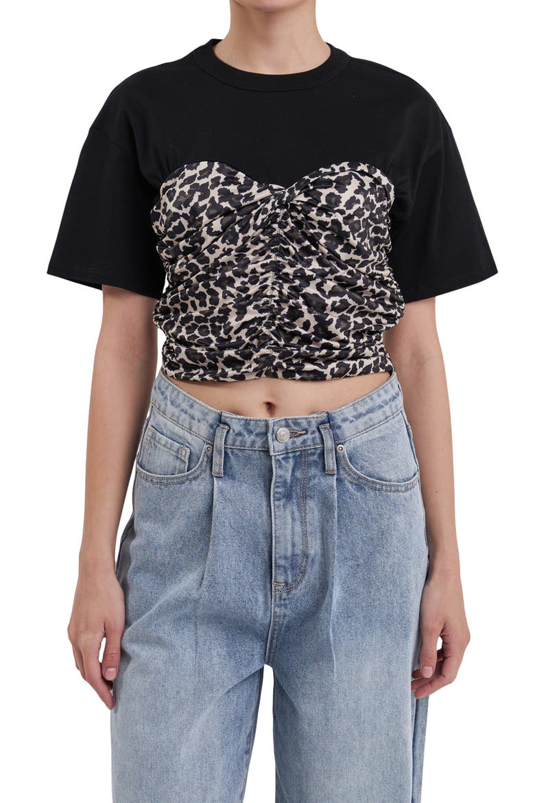 Leopard Smocked Crop T-Shirt, Alternate, color, BLACK MULTI