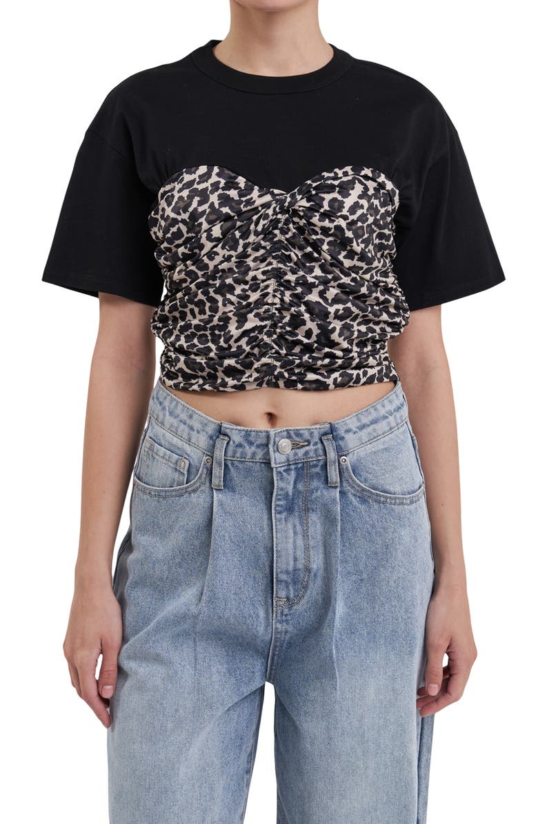 Grey Lab Leopard Smocked Crop T-Shirt, Alternate, color, Black Multi