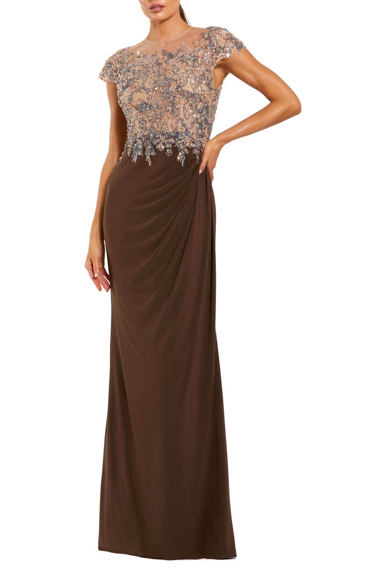 Women's Crystal-Embellished Jersey Evening Gown with Sheer Bodice, Main, color, Chocolate