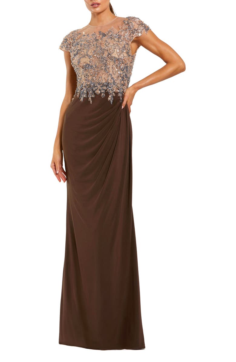 Mac Duggal Women's Crystal-Embellished Jersey Evening Gown with Sheer Bodice, Main, color, Chocolate