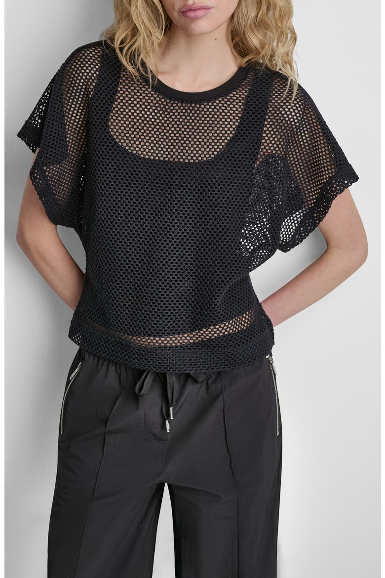 Dolman Sleeve Open Stitch Top, Main, color, BLACK