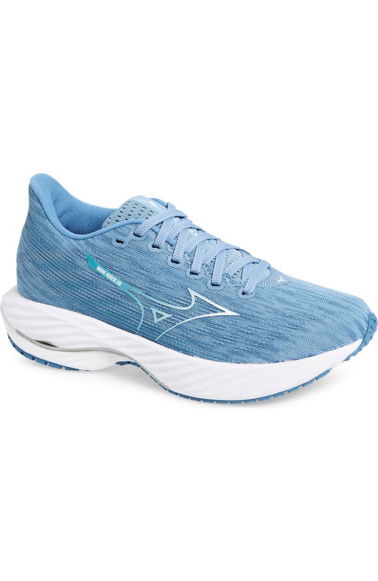Mizuno Wave Rider 28 Running Shoe, Main, color, Glacier Lake-White