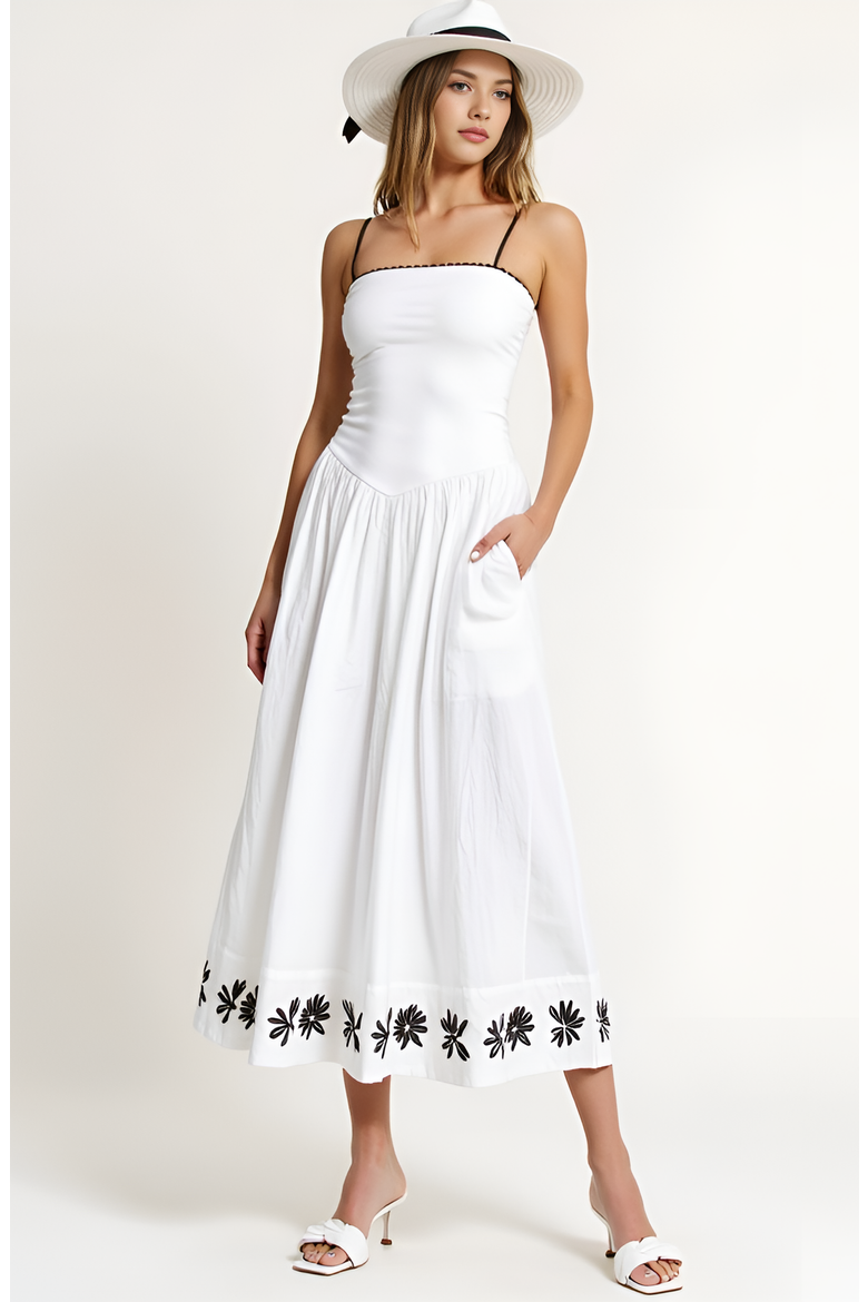 Strapless Embroidered Hem A-Line Dress with Corset Waist, Alternate, color, White / Black