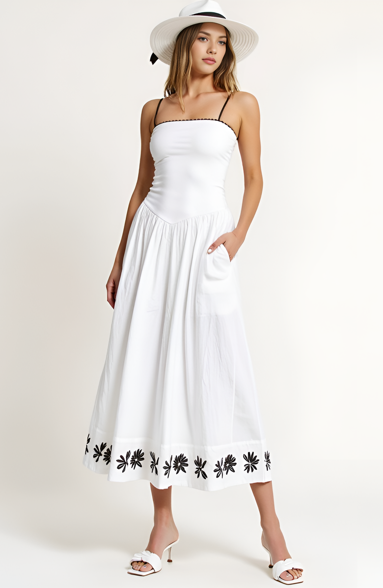 Modenaire Strapless Embroidered Hem A-Line Dress with Corset Waist, Alternate, color, White / Black