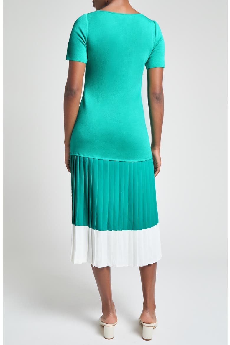 Modern Fit Mixed Media Pleated Midi Dress, Alternate, color, EMERALD AWE/ WHITE