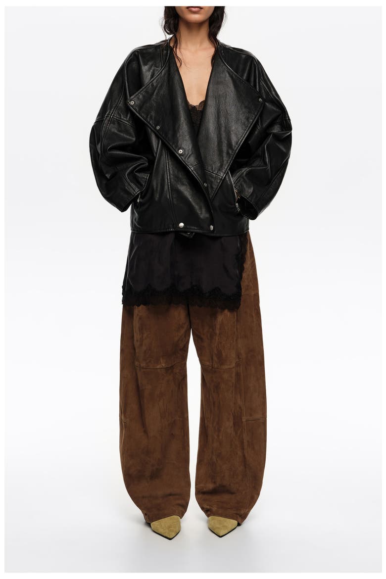 Leather Double-Breasted Jacket, Main, color, BLACK
