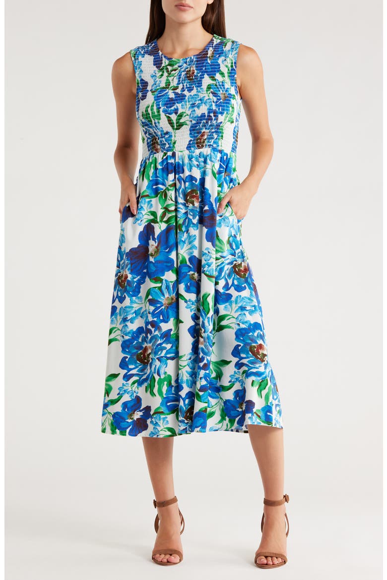 smocked printed sleeveless a line dress Anne Klein Women's Plus Size Bodice Tiered Dress, White, 2X Each dress is a visual delight Anne Klein Smocked Bodice Printed