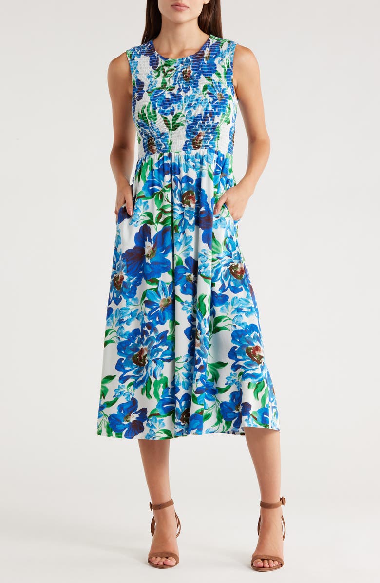 Calvin Klein Floral Smocked Sleeveless Fit & Flare Midi Dress, Main, color, White Multi