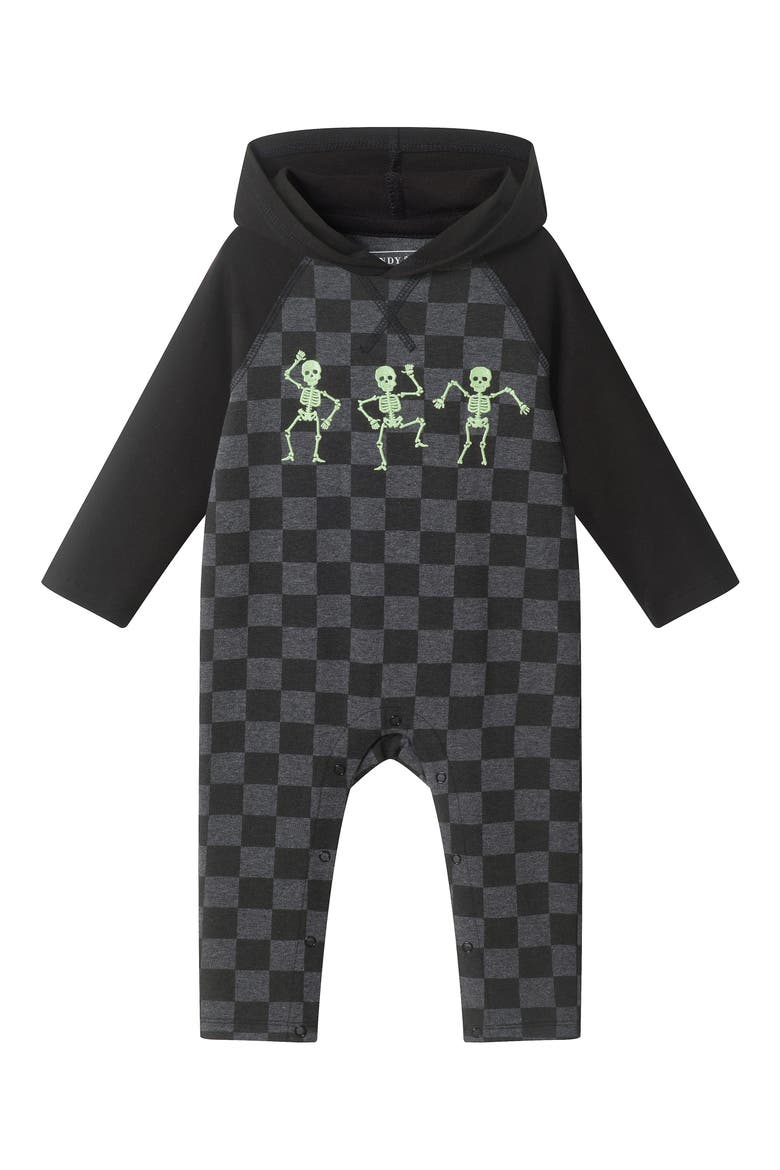 Skeleton Glow in the Dark Hooded Romper, Main, color, BLACK/ GREY