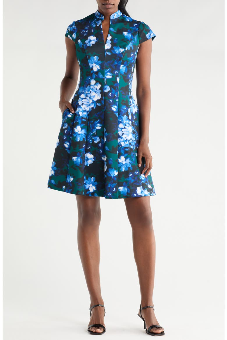 Cap Sleeve Scuba Dress, Main, color, GREEN BLUE MULTI
