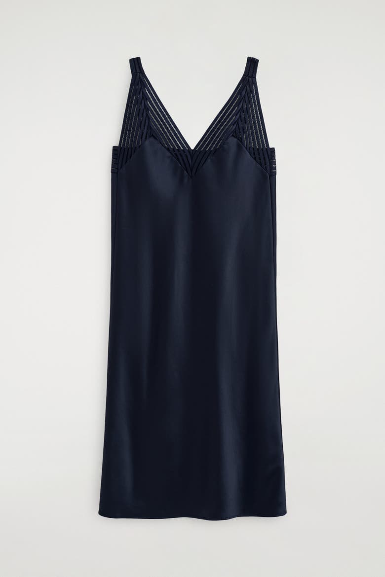 Open-stitch Satin Slip Dress, Alternate, color, NAVY