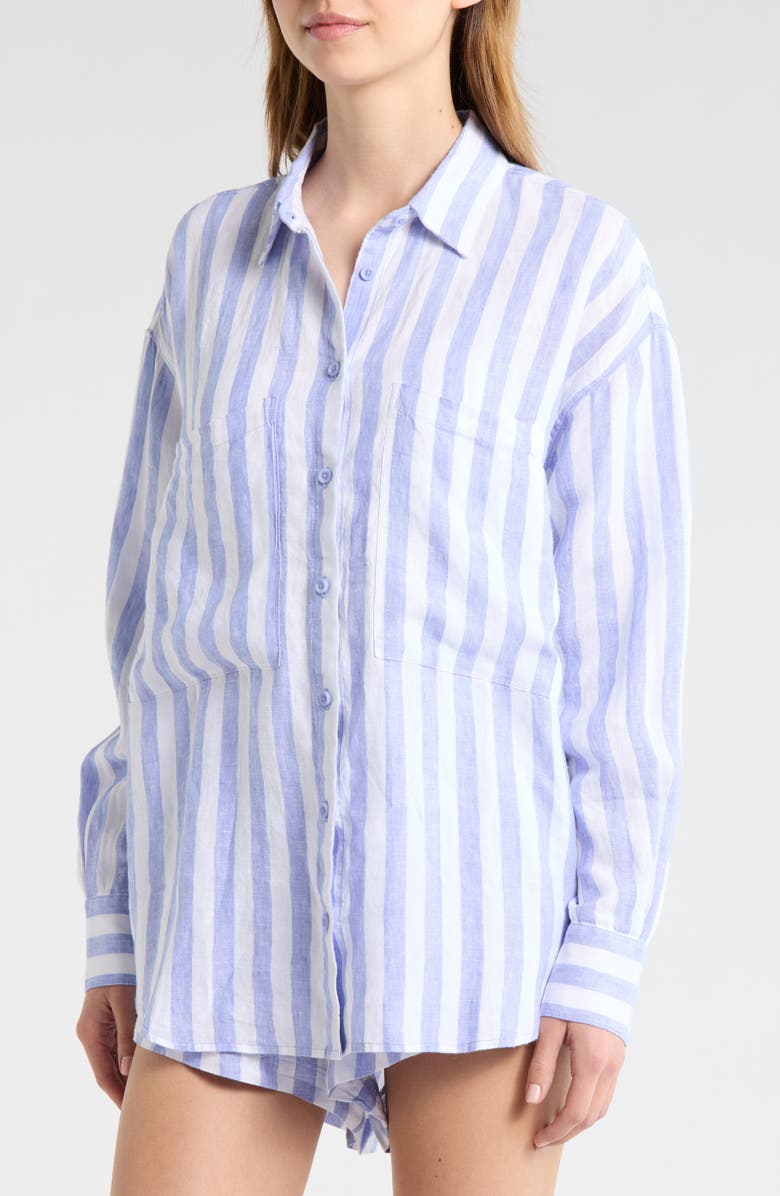 LEFT ON FRIDAY Getaway Stripe Linen Cover-Up Shirt, Alternate, color, Riptide / Coconut