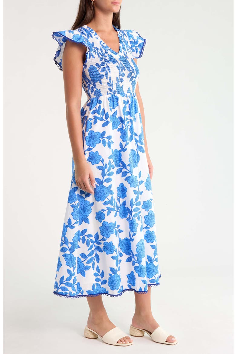 Merlin Floral Smock Bodice Cotton Dress, Alternate, color, WHITE-BLUE-MULTI