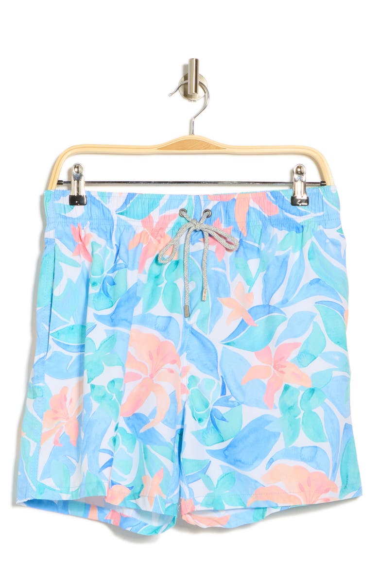 Vintage Summer Watercolor Floral Stretch Volley Swim Shorts, Alternate, color, Blue