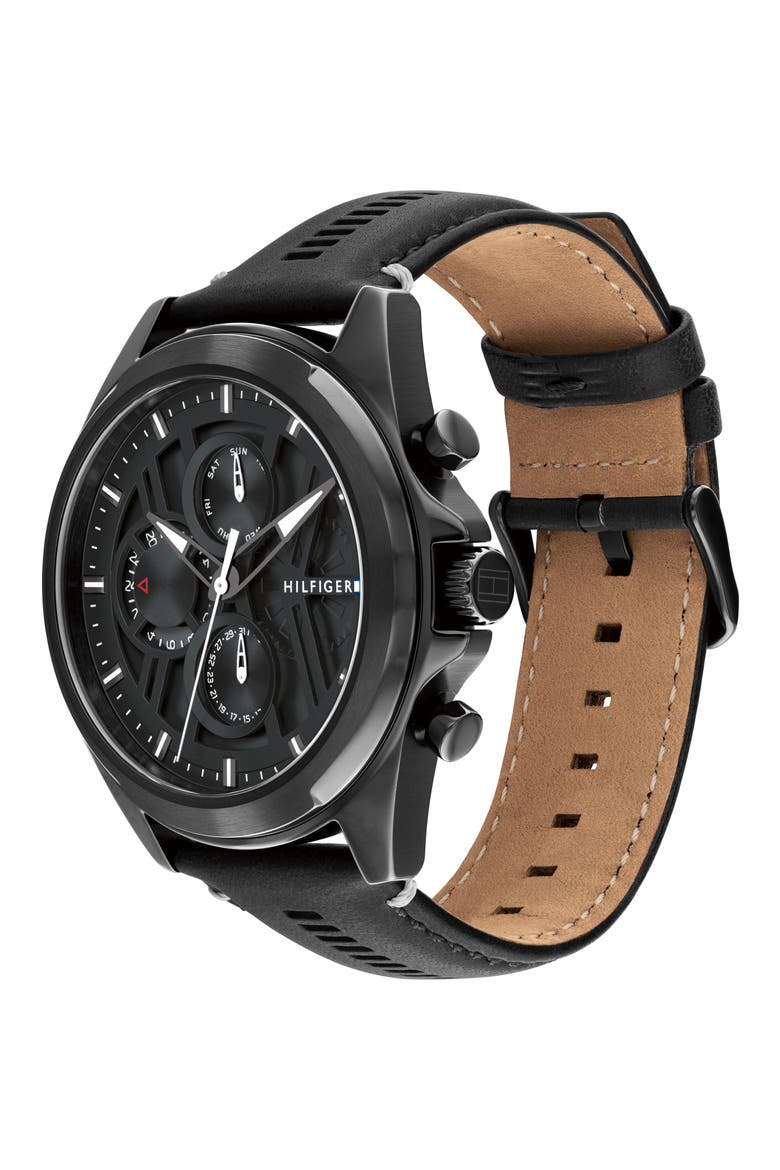 Jax Multifunction Leather Strap Watch, Alternate, color, BLACK