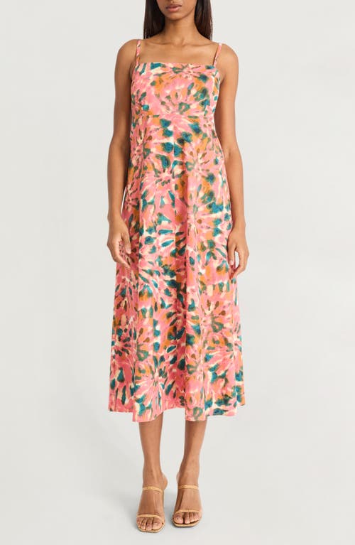 Shop The Good Journey Print Smocked Back Sleeveless Midi Dress In Pink/green