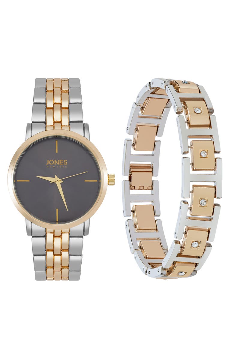 Jones New York Three-Hand Quartz Mesh Strap Watch & ID Bracelet Set, Main, color, Gold/ Silver