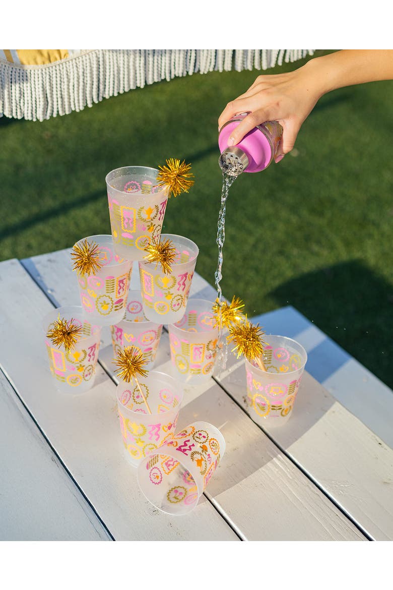 Forever Fun Gold Pom Pom Reusable Stackable Cups Set of 10 - 16 oz Shatterproof Party Cups with Gold Pom Pom Stirrers, Alternate, color, Multicolor