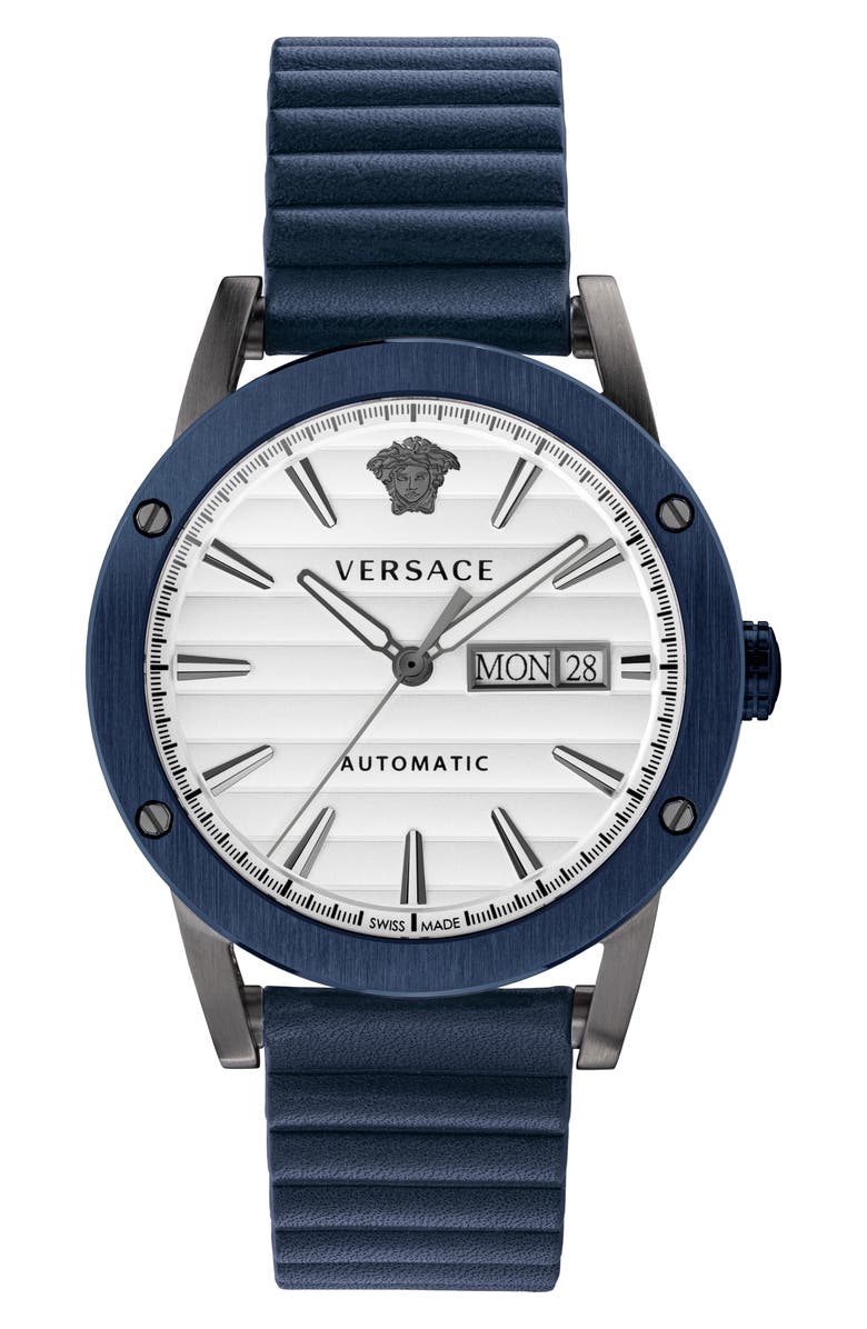 Versace Theros Automatic Leather Strap Watch, 42mm, Main, color, 
