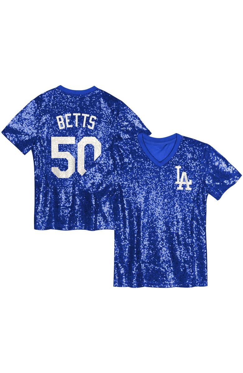 Outerstuff Juniors Mookie Betts Royal Los Angeles Dodgers Name & Number Sequin V-Neck Top, Alternate, color, 